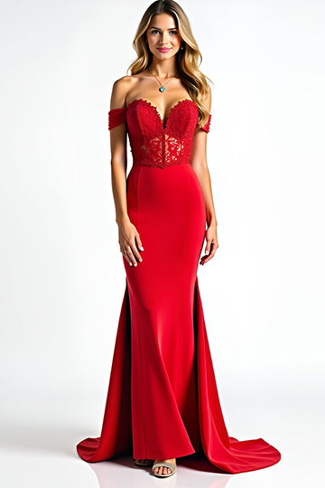 Red Mermaid Off The Shoulder Long Corset Prom Dress With Lace